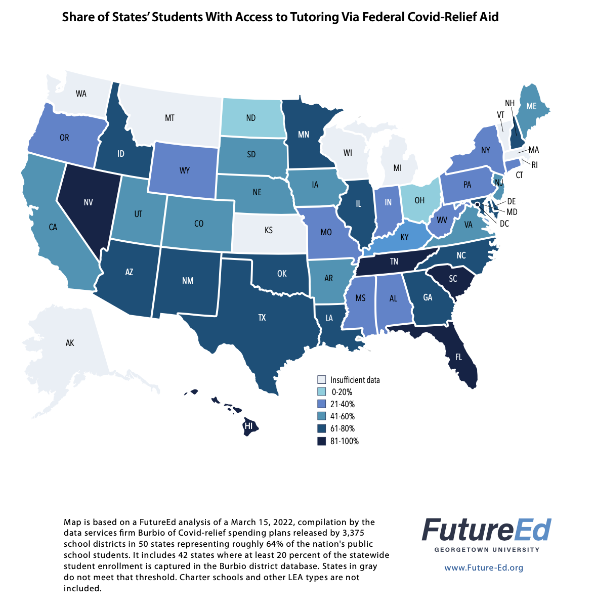 Thumbnail image of a map showing the share of state's students with access to tutoring via federal Covid-relief aid