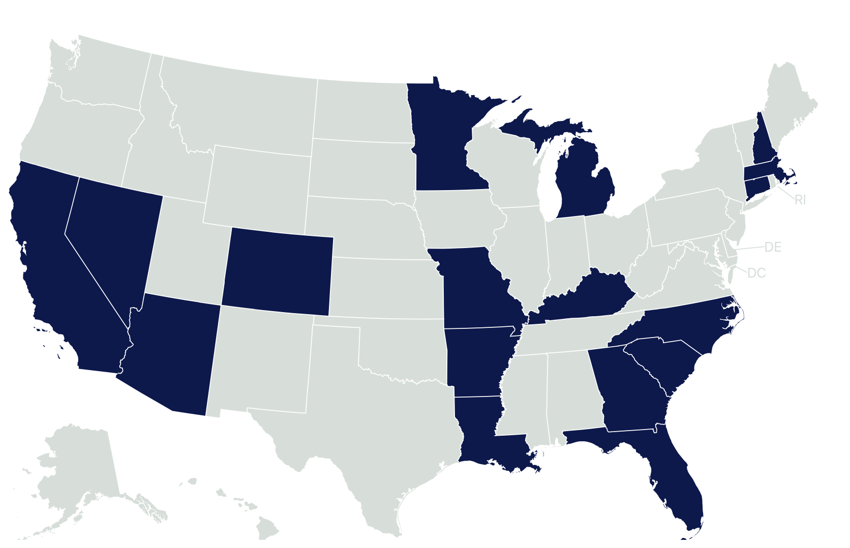Image of map showing states that are expanding Medicaid coverage in schools, linking to a fuller discussion on the Healthy School Campaign site. The 16 states that had expanded coverage as of May 2022 were: Arkansas, Arizona, California, Colorado, Connecticut, Florida, Kentucky, Louisiana, Massachusetts, Michigan, Minnesota, Missouri, North Carolina, New Hampshire, Nevada, and South Carolina