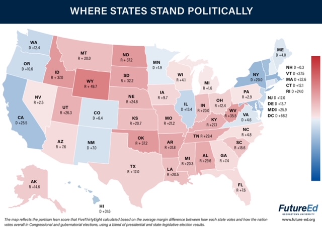 Map: Where States Stand Politically. Alabama: R+29.6. Alaska: R+14.6. Arizona: R+7.6. Arkansas: R+31.8. California: D+25.5. Colorado: D+6.4. Connecticut: D+12.1. Delaware: D+13.7. District of Columbia: D+68.2. Florida: R+7.6. Georgia: R+7.4. Hawaii: D+31.6. Idaho: R+37.0. Illinois: D+13.4. Indiana: R+20.0. Iowa: R+9.7. Kansas: R+20.7. Kentucky: R+27.1. Louisiana: R+20.5. Maine: D+4.0. Maryland: D+25.9. Massachusetts: D+32.6. Michigan: R+1.6. Minnesota: D+1.9. Mississippi: R+20.3. Missouri: R+21.2. Montana: R+20.0. Nebraska: R+24.8. Nevada: R+2.5. New Hampshire: D+0.3. New Jersey: D+12.0. New Mexico: D+7.0. New York: D+20.0. North Carolina: R+4.8. North Dakota: R+37.2. Ohio: R+12.4. Oklahoma: R+37.2. Oregon: D+10.6. Pennsylvania: R+2.9. Rhode Island: D+24.0. South Carolina: R+18.6. South Dakota: R+32.2. Tennessee: R+29.4. Texas: R+12.0. Utah: R+26.3. Vermont: D+27.5. Virginia: D+4.6. Washington: D+12.4. West Virginia: R+35.5. Wisconsin: R+4.1. Wyoming: R+49.7. (The map reflects the partisan lean score that FiveThirtyEight calculated based on the average margin difference between how each state votes and how the nation overall votes in Congressional and gubernatorial elections, using a blend of presidential and state-legislative election results.) 